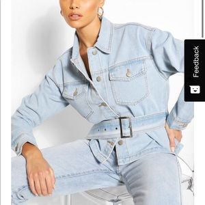 Belted denim jacket by boohoo